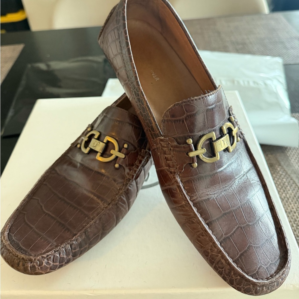 Donald J Pliner Men's Brown Loafers Embossed Leather Drivers Gold Accent Sz 12